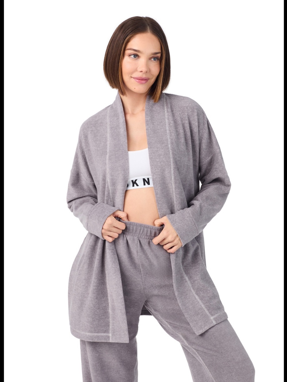 Donna Karan Shawl Collar Lounge Robe Cardigan - Gray